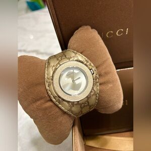Gucci Gold-Tone GG Monogram Leather Bangle Watch